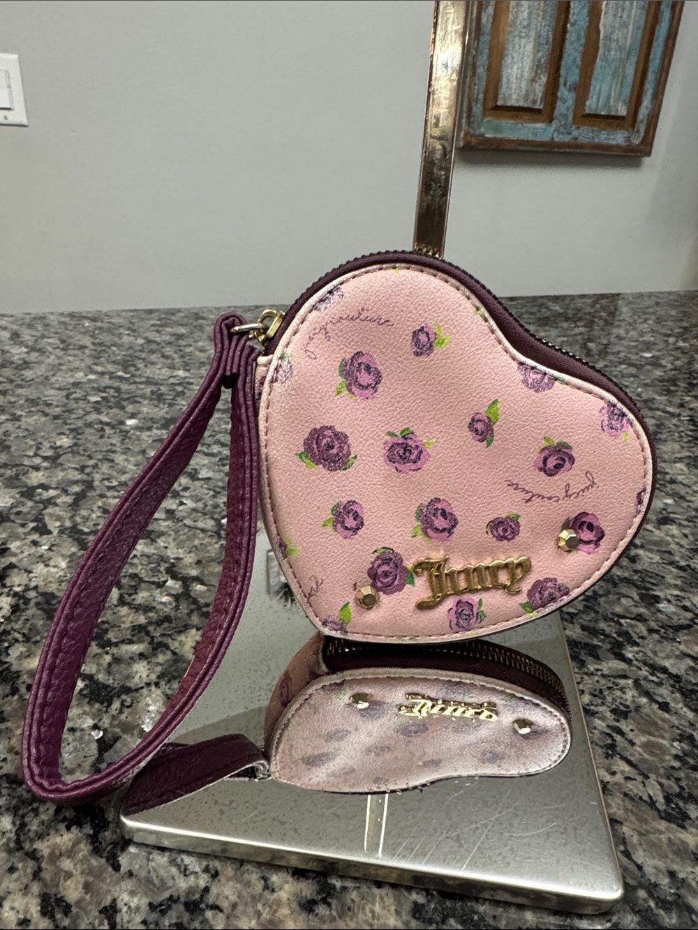 Juicy Couture Pink Floral Heart Wristlet with Purple Strap